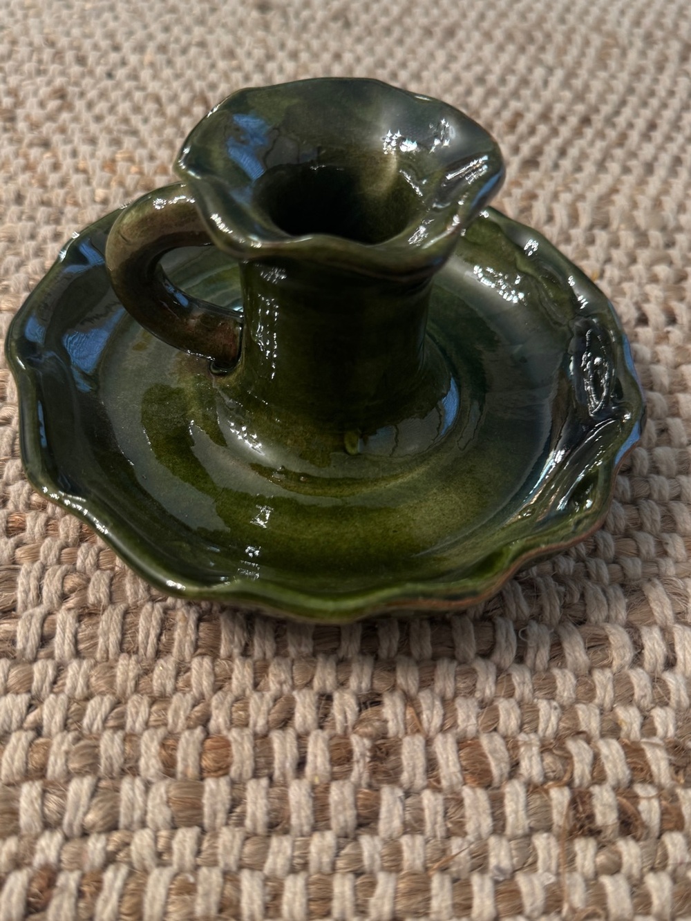 Handmade Portugal Pottery Candle Holder Olive Green Glaze Rustic Chamberstick